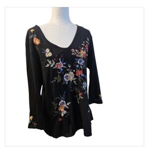 Johnny Was Floral Embroidered Black Top